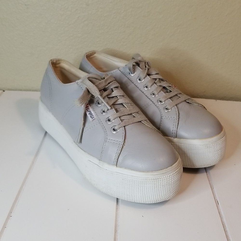 Superga Leather Sneaker Shoes Women Size 8 Gray Platform Casual Lace Up
